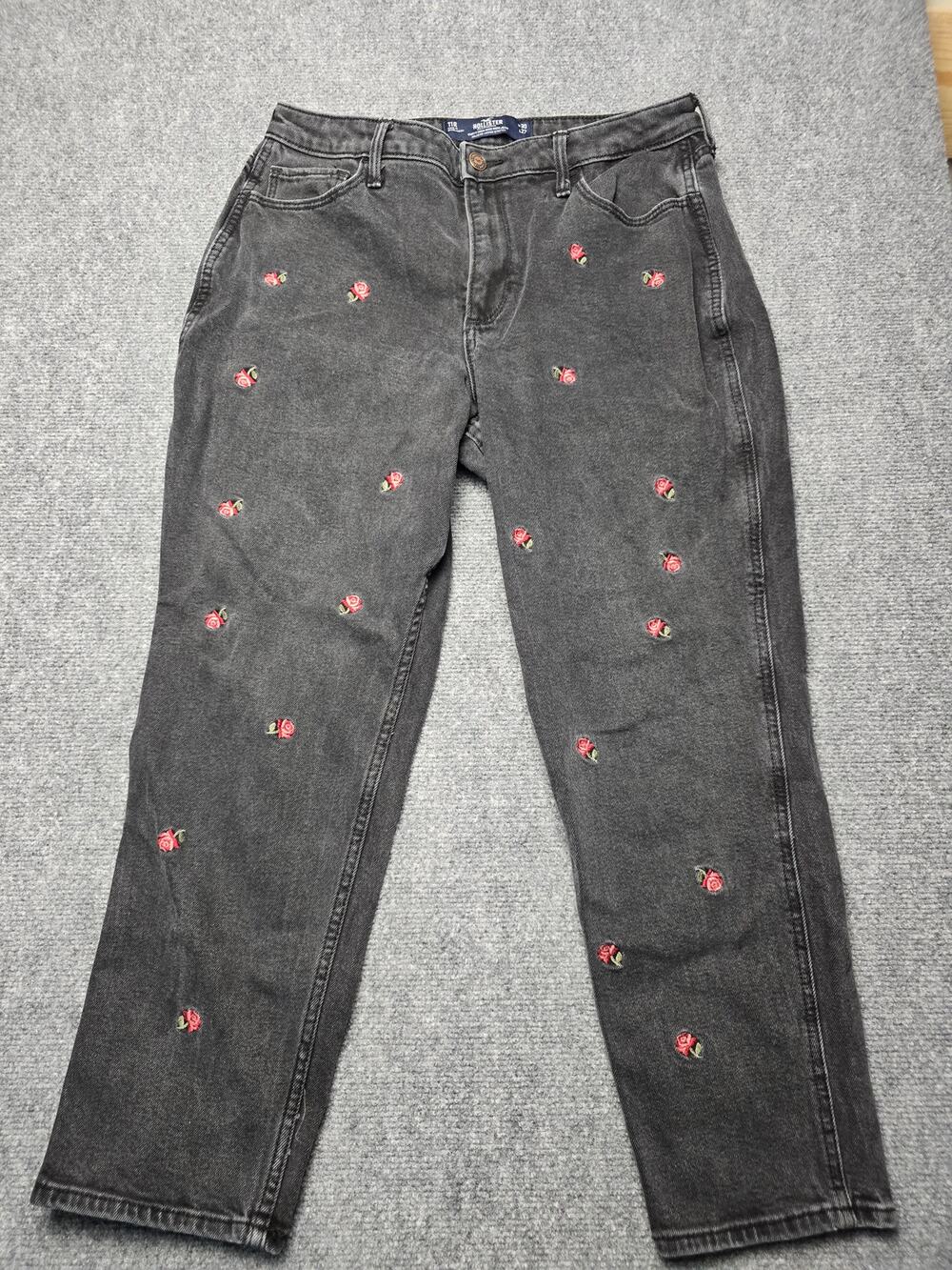 Hollister Curvy High Rise Mom Jeans Womens 11R W30 L27 Black Rose Embroidered